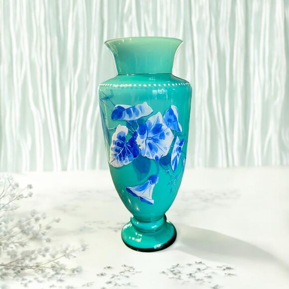 Antique Uranium Harrach Bohemian Hand Enameled Vase-Teal-Aqua-Turquoise-Glass - Picture 2 of 10